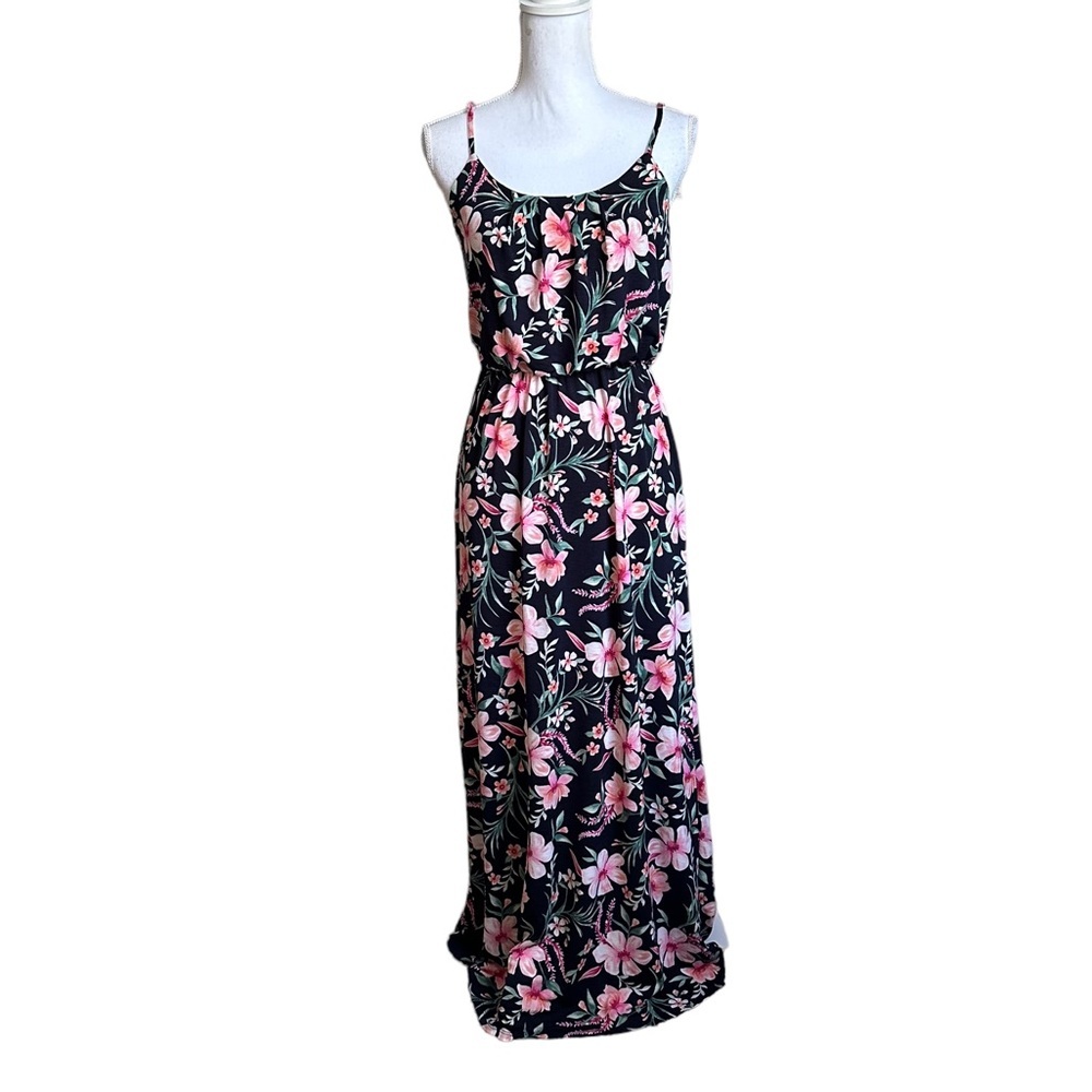Love Ryan Tropical Floral Spaghetti Strap Ruched Waist Maxi Dress Size Small
